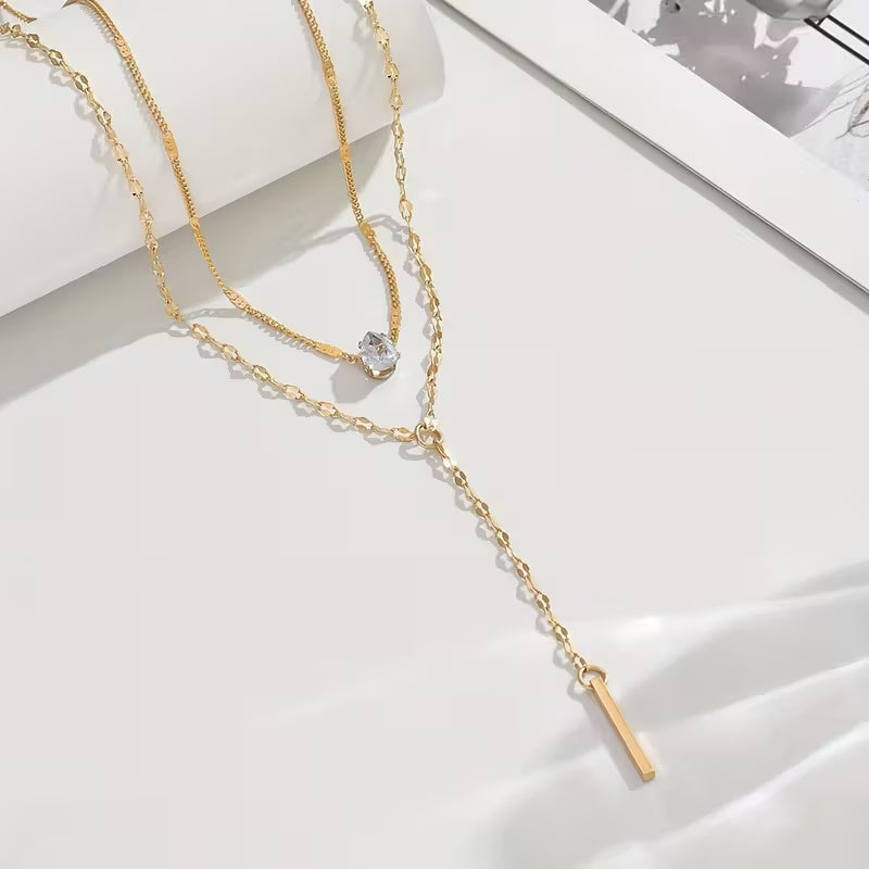 Gold-Hued Elegant Minimalist Layered Crystal Pendant Necklace – Sparkling Rhinestone Accents & Exquisite Fine Workmanship, Versatile Jewelry Perfect for Everyday Wear & Party Gatherings, Chic Summer Gift for Women