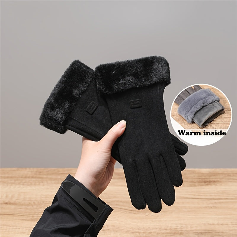 1 Pair Women’s Black Touchscreen Windproof Thermal Gloves – Fur-Cuffed Warm-Lined Design Perfect for Commuting, Hiking & Running Trips