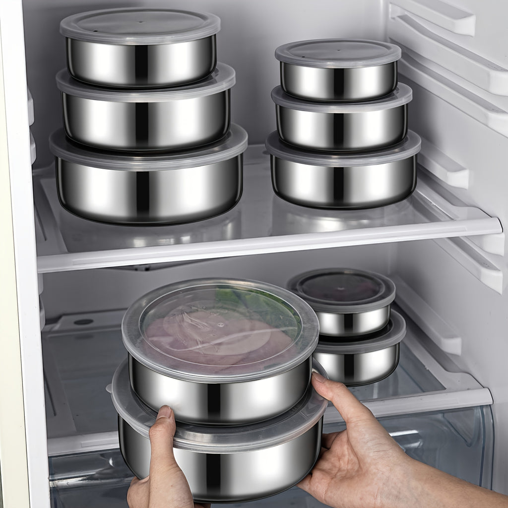 5-Piece Reusable Stainless Steel Outdoor Containers – Circular Airtight Lids, Perfect for Storing Fruits, Vegetables & Snacks, Ideal Companion for Picnic Parties & Outdoor Adventures