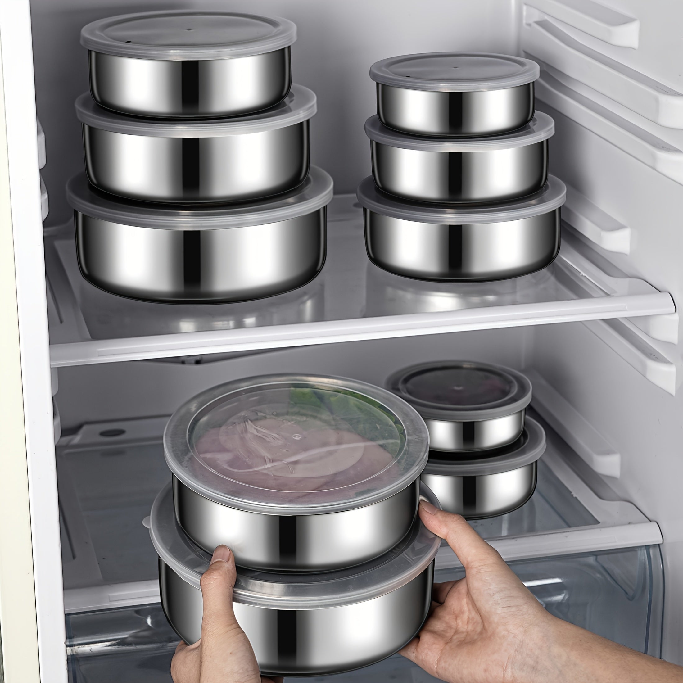 5-Piece Reusable Stainless Steel Outdoor Containers – Circular Airtight Lids, Perfect for Storing Fruits, Vegetables & Snacks, Ideal Companion for Picnic Parties & Outdoor Adventures