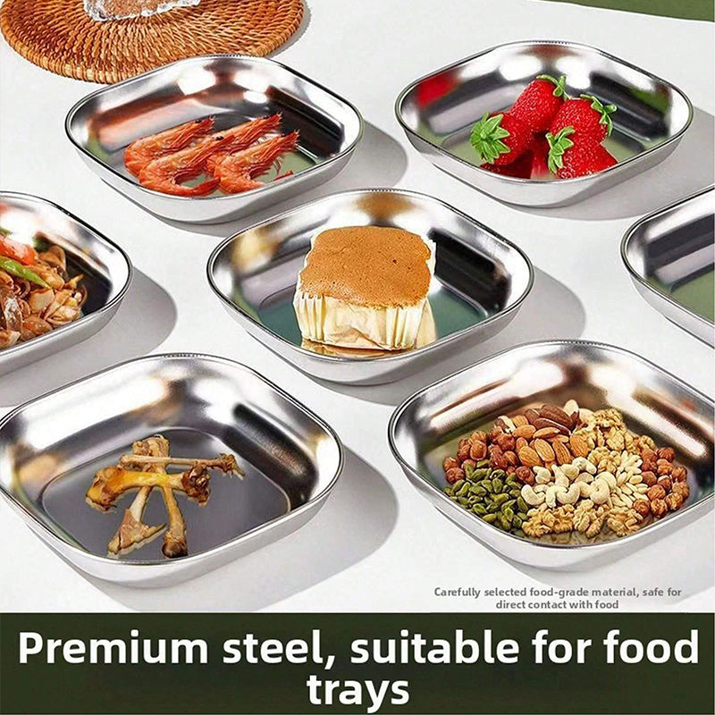 4pcs Stainless Steel Square Dish Set, Stackable Thickened Serving Plates, Versatile Kitchen Trays for Bones, Fruits and Snacks, Durable Easy-to-Clean Tableware, Great for Home & Restaurant Use