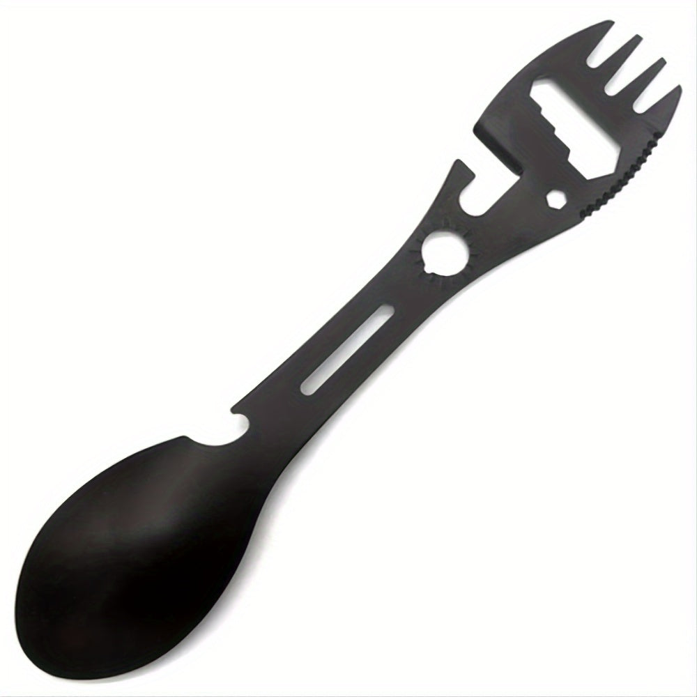 1Pc Stainless Steel Multi-Function Outdoor Utensil, Integrated Fork, Spoon, Wrench and Bottle Opener, Sturdy Practical Gear for Hiking and Wilderness Travel