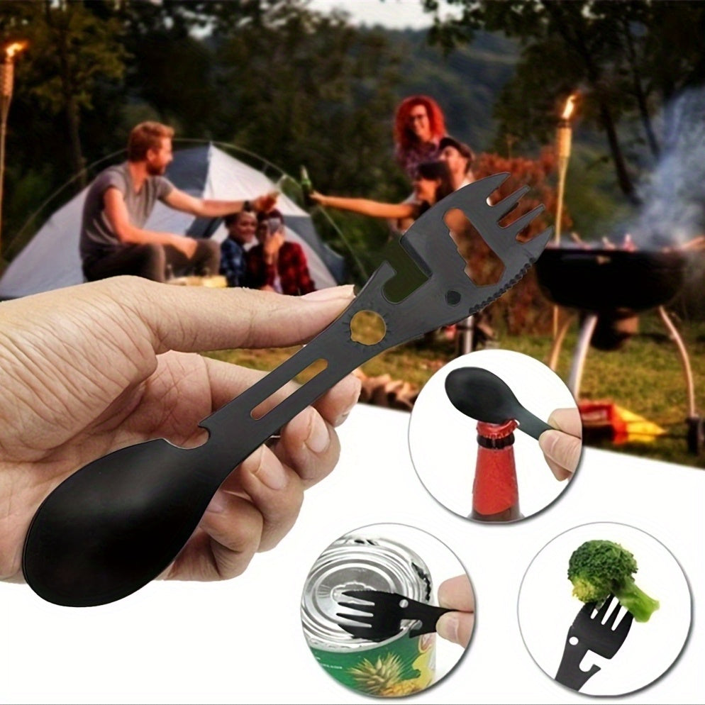 1Pc Stainless Steel Multi-Function Outdoor Utensil, Integrated Fork, Spoon, Wrench and Bottle Opener, Sturdy Practical Gear for Hiking and Wilderness Travel