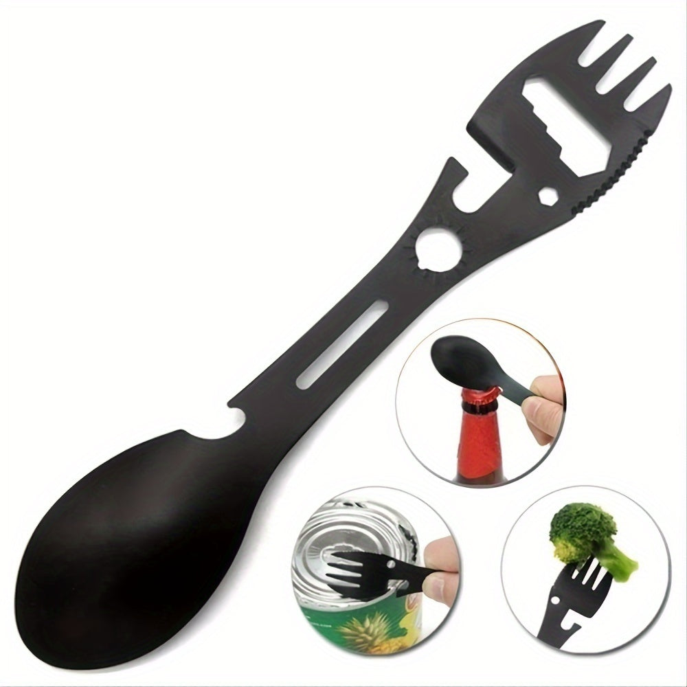 1Pc Stainless Steel Multi-Function Outdoor Utensil, Integrated Fork, Spoon, Wrench and Bottle Opener, Sturdy Practical Gear for Hiking and Wilderness Travel