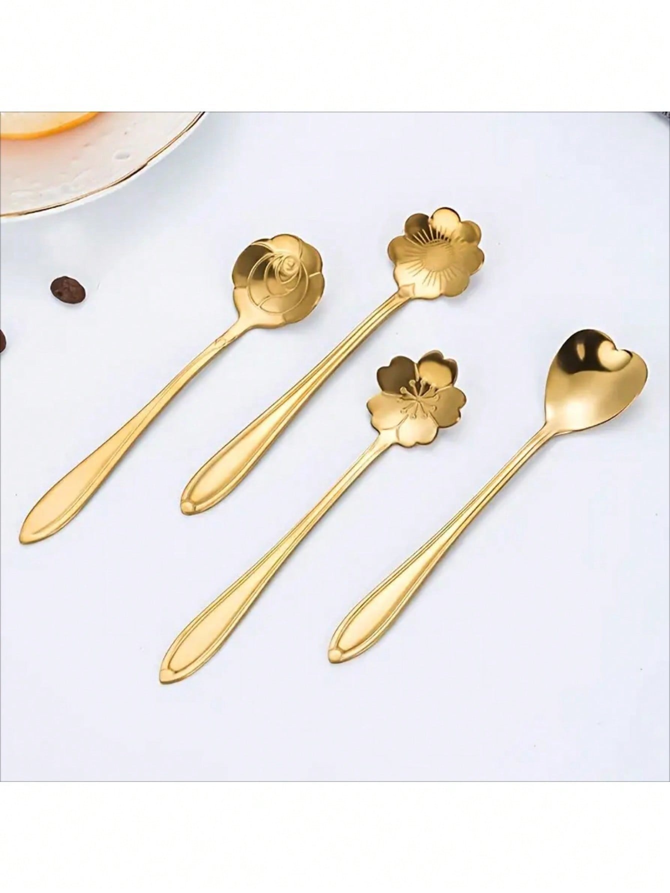Stainless Steel Flower Design Spoons, Long Handle Dessert Tea Coffee Mixing Spoons, Vintage Style With Assorted Flower Shapes, Perfect For Stirring Beverages, Eating Desserts, Ice Cream, Yogurt, Elegant Kitchen Utensils For Home, Office, Parties, And Cafe