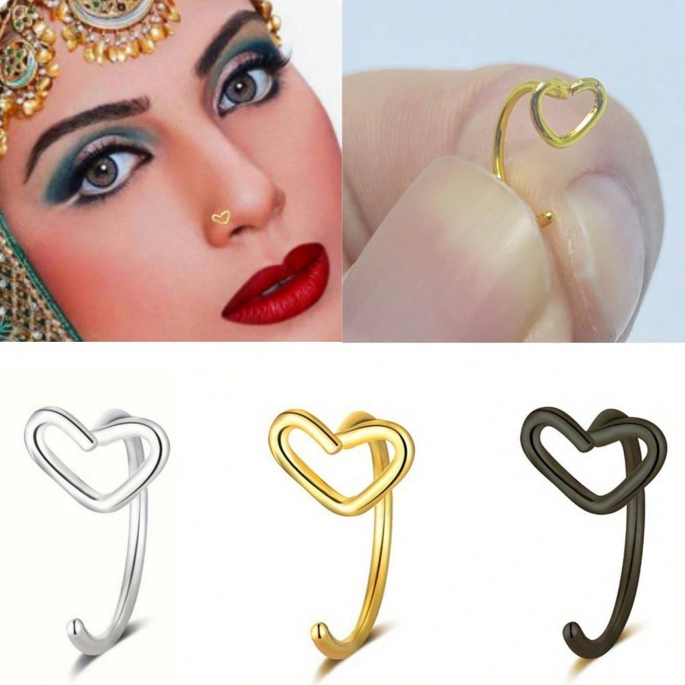 Dainty Heart Shaped Nose Ring Studs – Elegant Open Hoop Nose Piercing Jewelry In Gold, Silver, & Black Tones – Hypoallergenic & Super Comfortable For Everyday Wear, Parties, Festive Events, Weddings, And Body Piercing Enthusiasts – A Fashionable & Versati