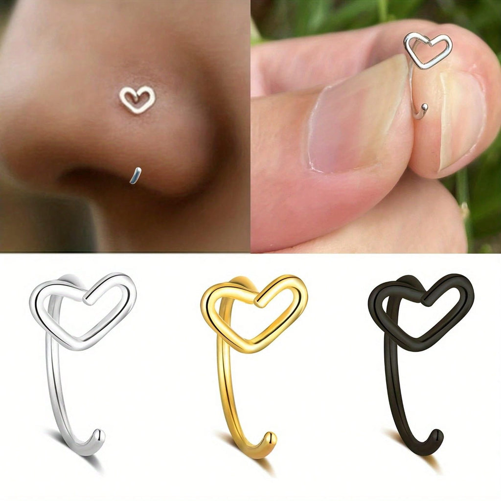 Dainty Heart Shaped Nose Ring Studs – Elegant Open Hoop Nose Piercing Jewelry In Gold, Silver, & Black Tones – Hypoallergenic & Super Comfortable For Everyday Wear, Parties, Festive Events, Weddings, And Body Piercing Enthusiasts – A Fashionable & Versati