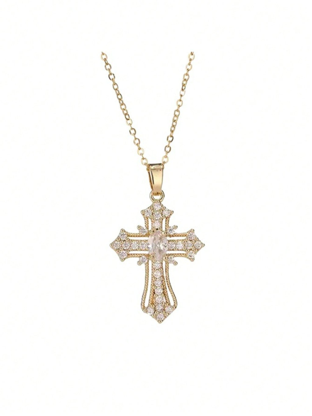 Elegant Gold Tone Cross Pendant Necklace With Sparkling Cubic Zirconia – Exquisite Religious Jewelry Featuring Ornate Cross Design Adorned With Brilliant Cubic Zirconia Stones, Including A Larger Oval Center Stone – High-Quality Gold Tone Finish For Timel