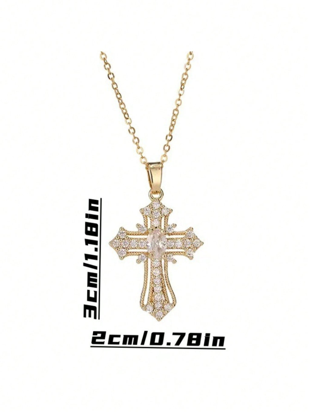 Elegant Gold Tone Cross Pendant Necklace With Sparkling Cubic Zirconia – Exquisite Religious Jewelry Featuring Ornate Cross Design Adorned With Brilliant Cubic Zirconia Stones, Including A Larger Oval Center Stone – High-Quality Gold Tone Finish For Timel