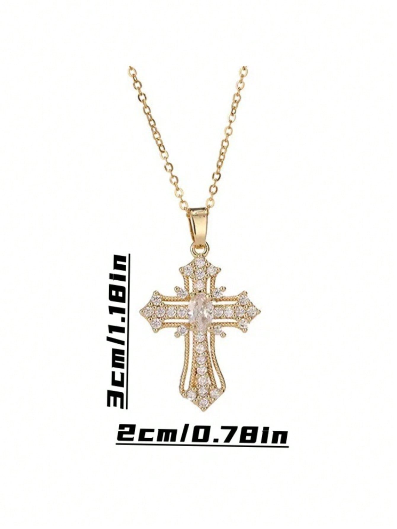 Elegant Gold Tone Cross Pendant Necklace With Sparkling Cubic Zirconia – Exquisite Religious Jewelry Featuring Ornate Cross Design Adorned With Brilliant Cubic Zirconia Stones, Including A Larger Oval Center Stone – High-Quality Gold Tone Finish For Timel
