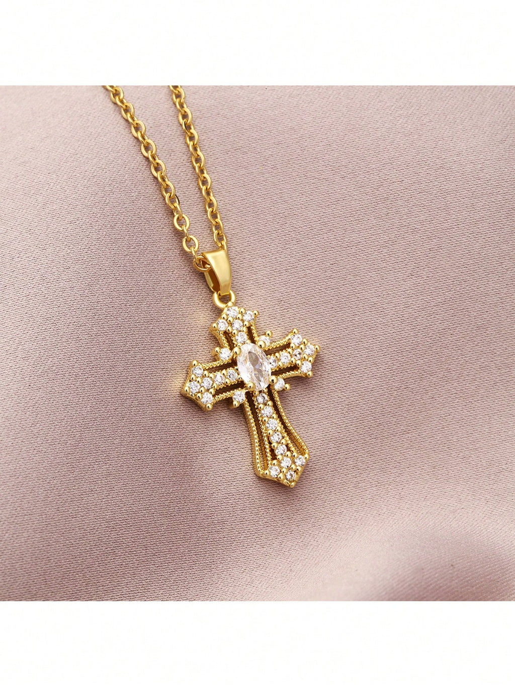 Elegant Gold Tone Cross Pendant Necklace With Sparkling Cubic Zirconia – Exquisite Religious Jewelry Featuring Ornate Cross Design Adorned With Brilliant Cubic Zirconia Stones, Including A Larger Oval Center Stone – High-Quality Gold Tone Finish For Timel