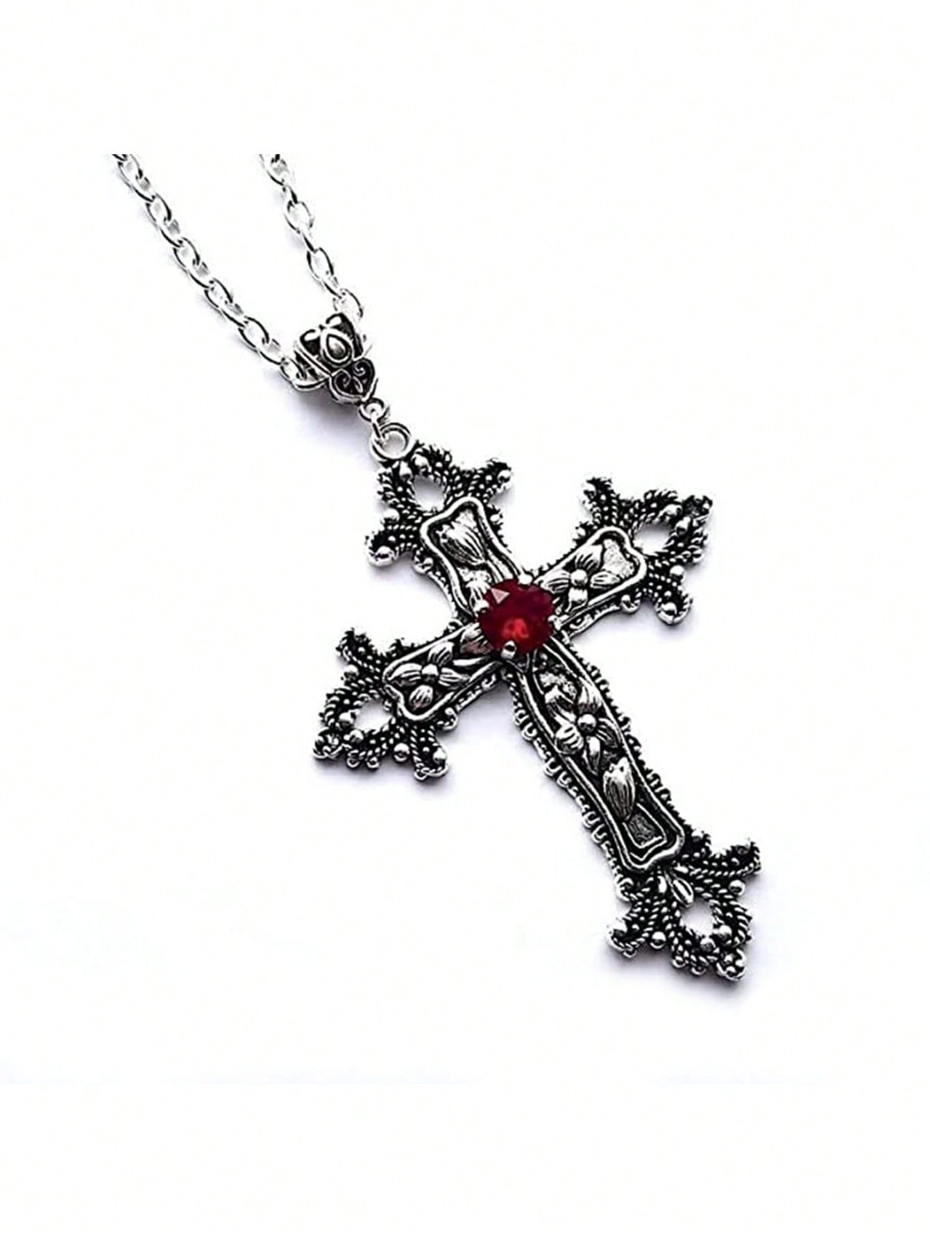 Gothic Silver Tone Ornate Cross Pendant Necklace With Red Gemstone – Vintage-Inspired Design Featuring Intricate Floral Accents And A Sparkling Red Gemstone At The Center – Dark Silver Tone Finish For A Gothic, Antique Look – Lightweight And Comfortable F