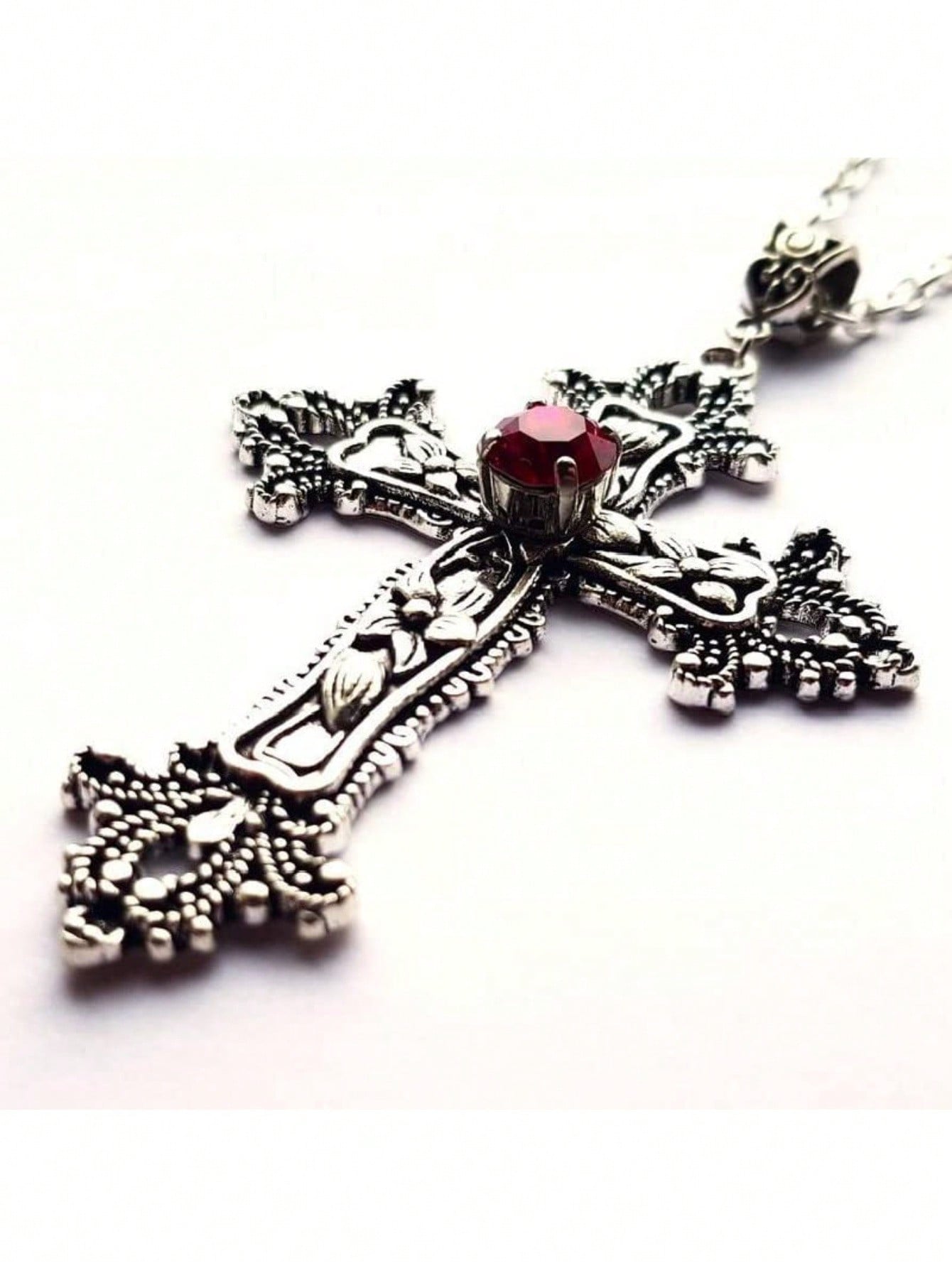 Gothic Silver Tone Ornate Cross Pendant Necklace With Red Gemstone – Vintage-Inspired Design Featuring Intricate Floral Accents And A Sparkling Red Gemstone At The Center – Dark Silver Tone Finish For A Gothic, Antique Look – Lightweight And Comfortable F