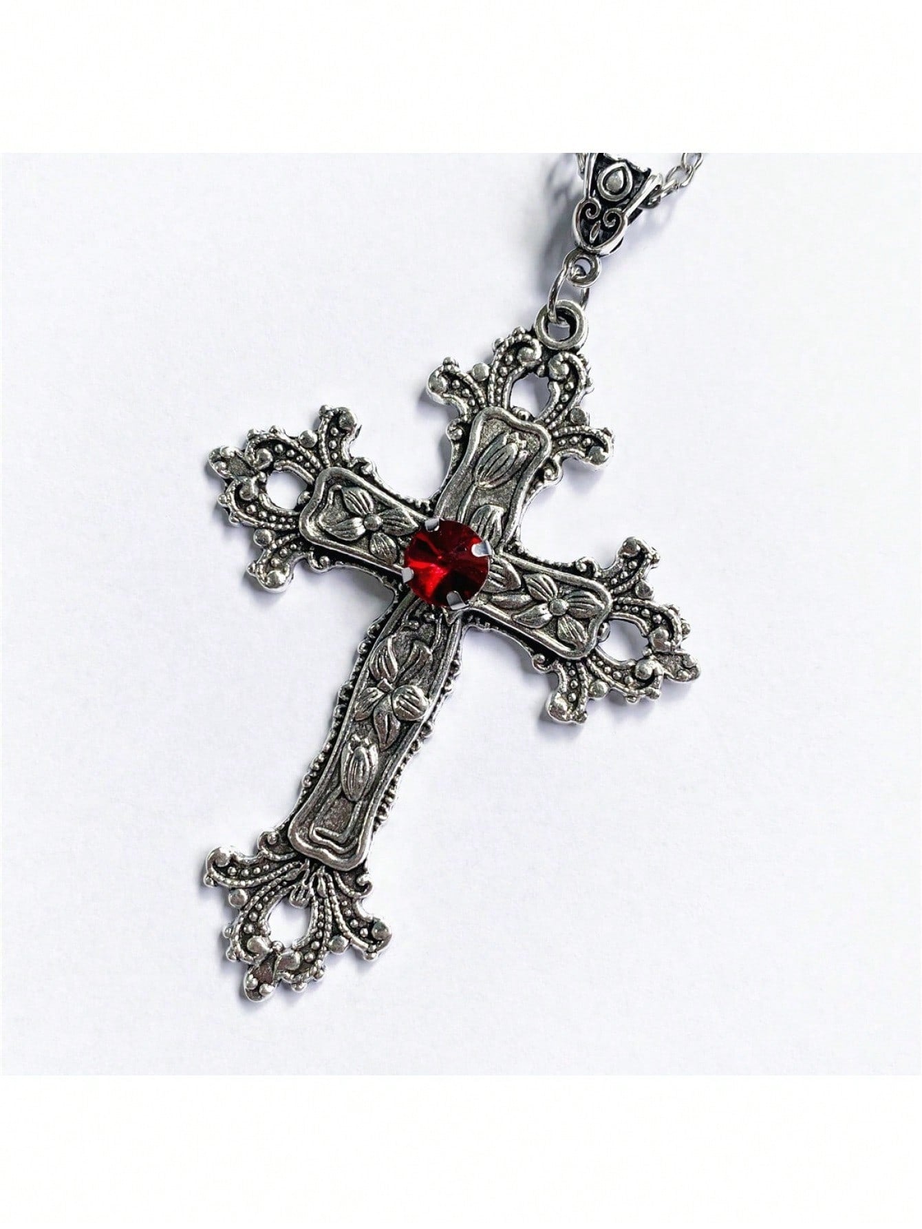 Gothic Silver Tone Ornate Cross Pendant Necklace With Red Gemstone – Vintage-Inspired Design Featuring Intricate Floral Accents And A Sparkling Red Gemstone At The Center – Dark Silver Tone Finish For A Gothic, Antique Look – Lightweight And Comfortable F
