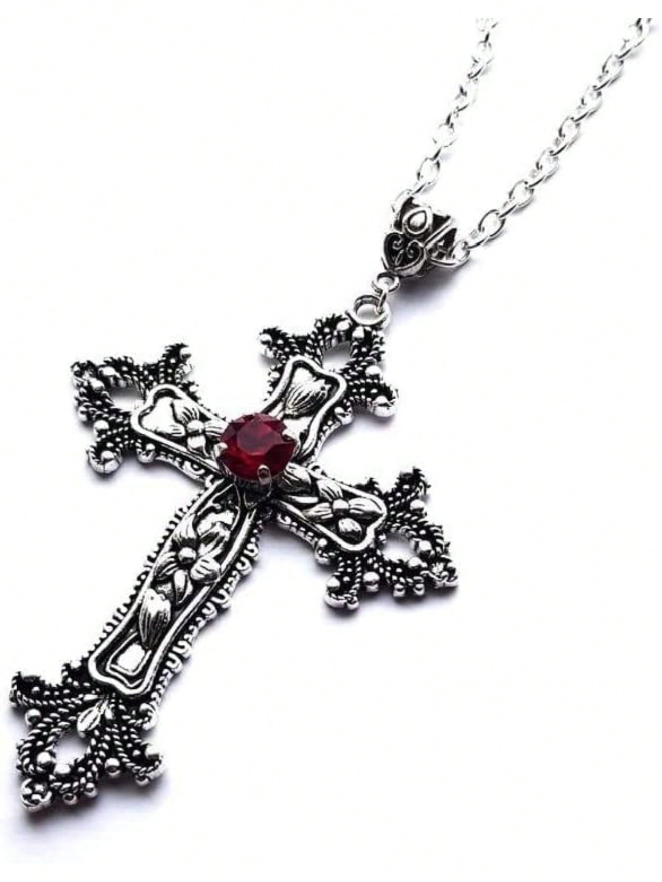Gothic Silver Tone Ornate Cross Pendant Necklace With Red Gemstone – Vintage-Inspired Design Featuring Intricate Floral Accents And A Sparkling Red Gemstone At The Center – Dark Silver Tone Finish For A Gothic, Antique Look – Lightweight And Comfortable F