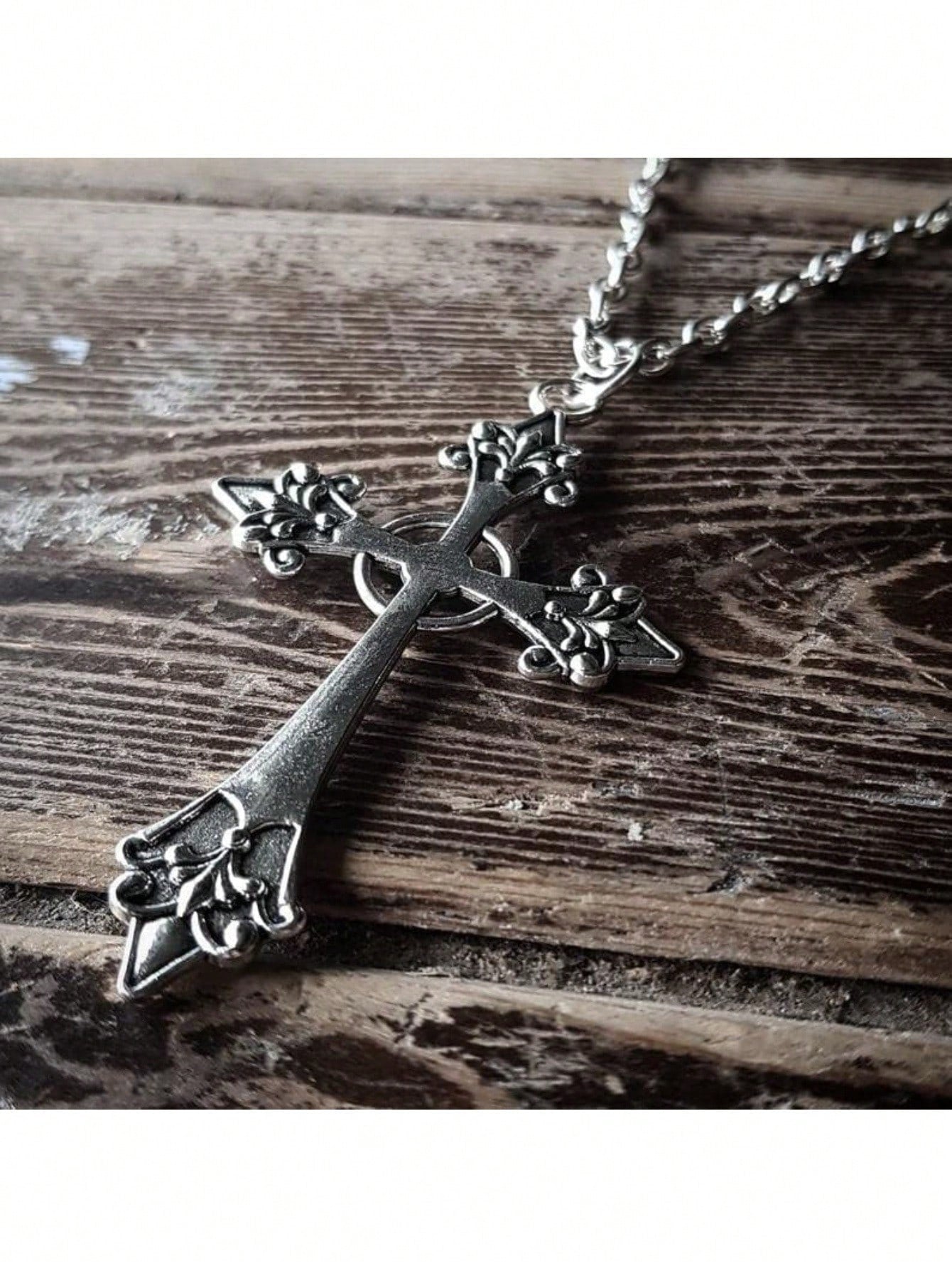 Gothic Silver Tone Ornate Cross Pendant Necklace With Red Gemstone – Vintage-Inspired Design Featuring Intricate Floral Accents And A Sparkling Red Gemstone At The Center – Dark Silver Tone Finish For A Gothic, Antique Look – Lightweight And Comfortable F
