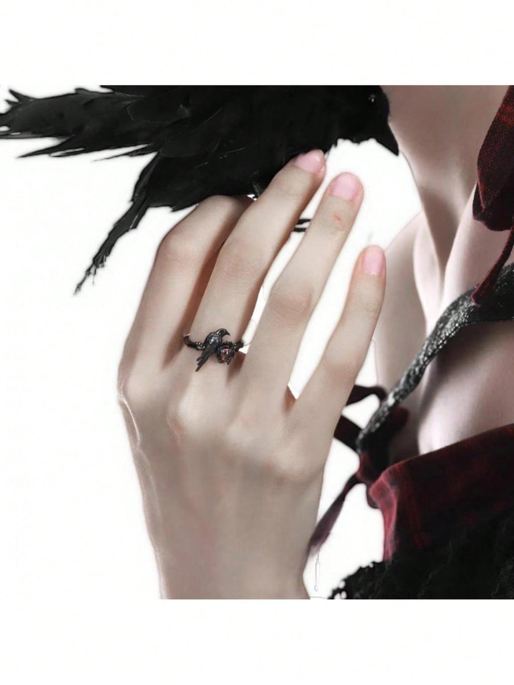 Gothic Black Bird And Red Gemstone Ring – Unique Adjustable Statement Ring Featuring Detailed Black Metal Bird Perched On Nest Setting With Sparkling Red Gemstone Center, Intricate Vintage-Inspired Design, Comfortable Adjustable Band For Various Finger Si