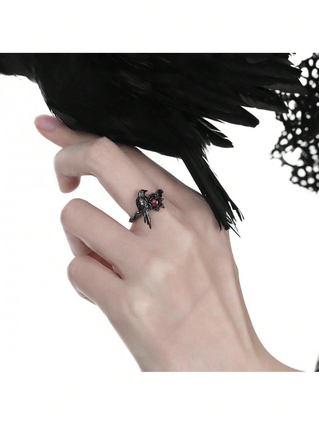 Gothic Black Bird And Red Gemstone Ring – Unique Adjustable Statement Ring Featuring Detailed Black Metal Bird Perched On Nest Setting With Sparkling Red Gemstone Center, Intricate Vintage-Inspired Design, Comfortable Adjustable Band For Various Finger Si