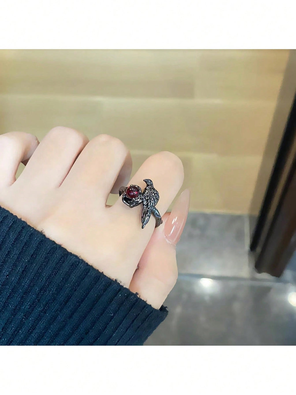 Gothic Black Bird And Red Gemstone Ring – Unique Adjustable Statement Ring Featuring Detailed Black Metal Bird Perched On Nest Setting With Sparkling Red Gemstone Center, Intricate Vintage-Inspired Design, Comfortable Adjustable Band For Various Finger Si