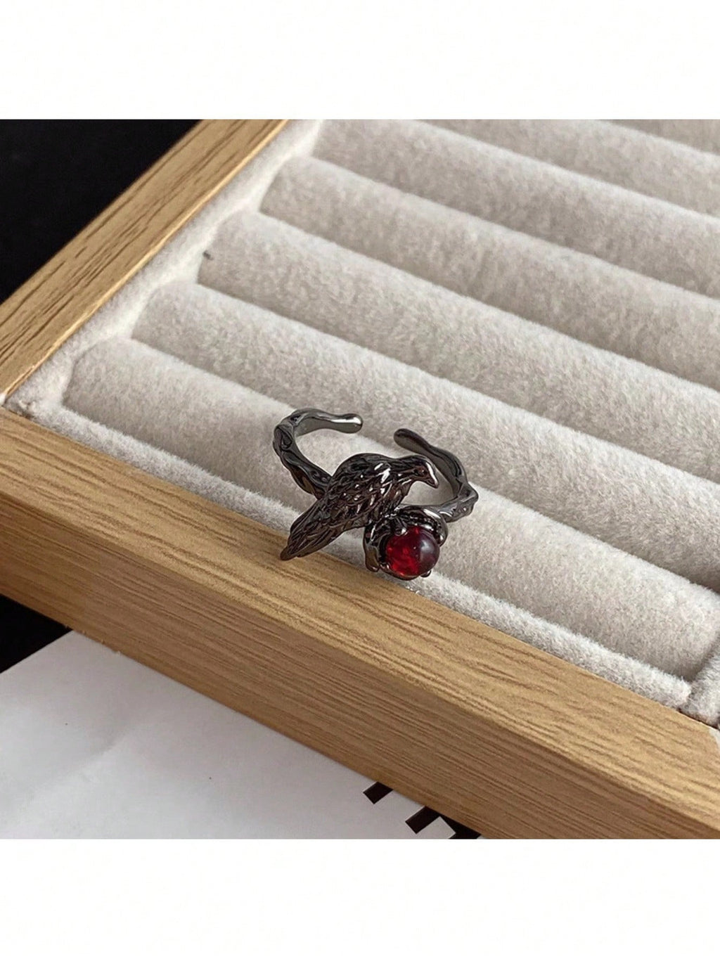 Gothic Black Bird And Red Gemstone Ring – Unique Adjustable Statement Ring Featuring Detailed Black Metal Bird Perched On Nest Setting With Sparkling Red Gemstone Center, Intricate Vintage-Inspired Design, Comfortable Adjustable Band For Various Finger Si