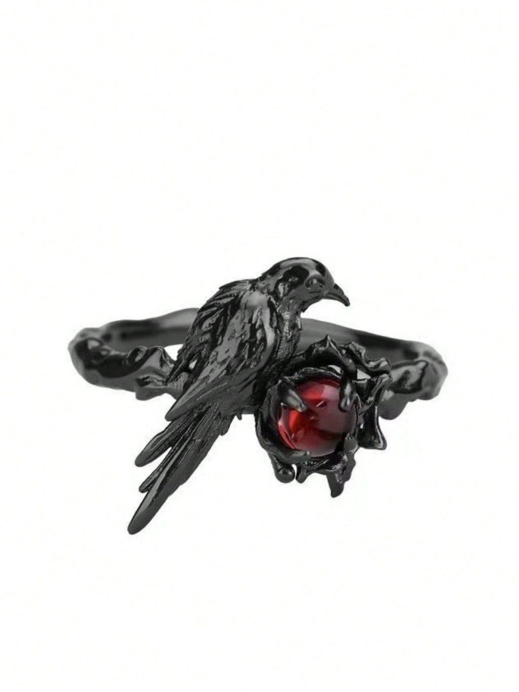 Gothic Black Bird And Red Gemstone Ring – Unique Adjustable Statement Ring Featuring Detailed Black Metal Bird Perched On Nest Setting With Sparkling Red Gemstone Center, Intricate Vintage-Inspired Design, Comfortable Adjustable Band For Various Finger Si