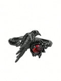 Gothic Black Bird And Red Gemstone Ring – Unique Adjustable Statement Ring Featuring Detailed Black Metal Bird Perched On Nest Setting With Sparkling Red Gemstone Center, Intricate Vintage-Inspired Design, Comfortable Adjustable Band For Various Finger Si