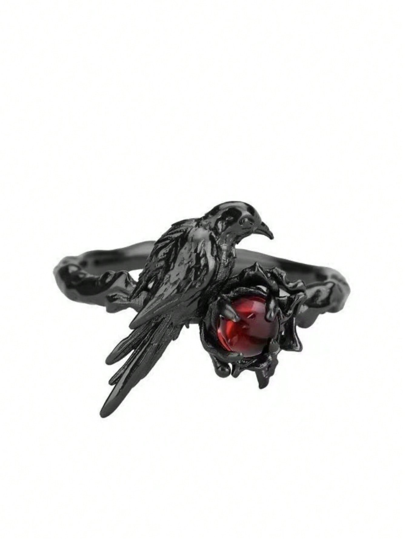 Gothic Black Bird And Red Gemstone Ring – Unique Adjustable Statement Ring Featuring Detailed Black Metal Bird Perched On Nest Setting With Sparkling Red Gemstone Center, Intricate Vintage-Inspired Design, Comfortable Adjustable Band For Various Finger Si