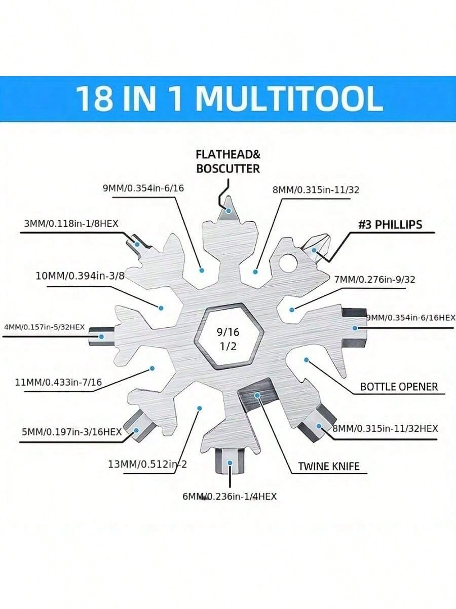 18-In-1 Snowflake Multifunctional Tool – Stainless Steel Wrench With Flat Head And Cross Screwdriver Set, Portable Keychain Multi-Tool For Daily Use, Compact Design For Easy Carry, Ideal For Men Who Love Practical And Versatile Tools, Perfect For Quick Fi