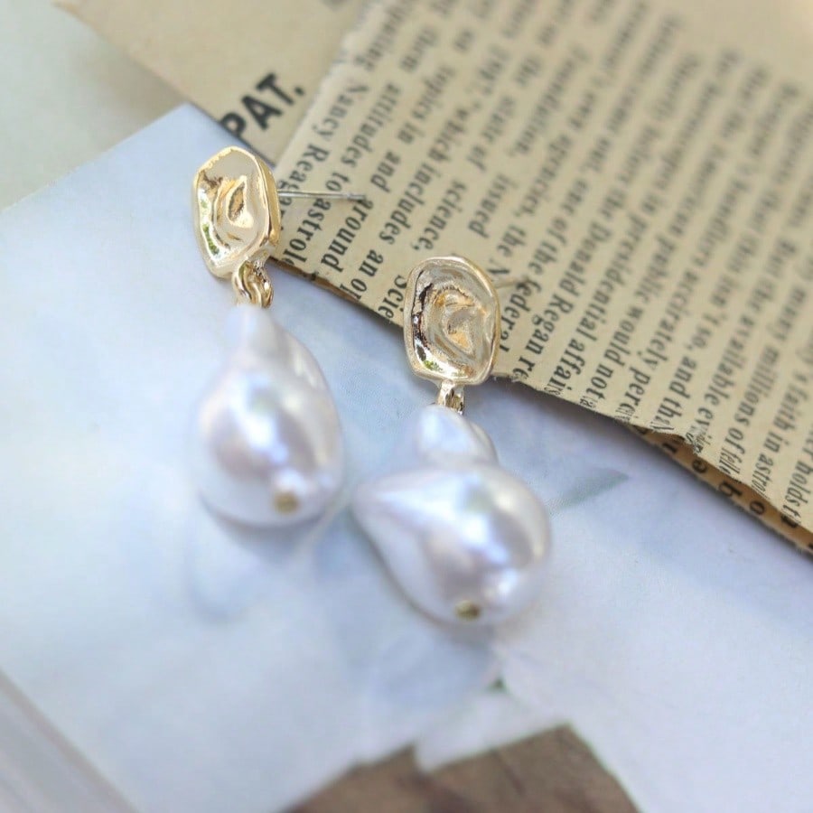 1 Pair Of Women's Pendant Baroque Pearl Earrings - Vintage Gold Rose Gold Plated Bohemian Irregular Rectangle Natural Freshwater Earrings - Bohemian Water Drop Jewelry Gift Pearl