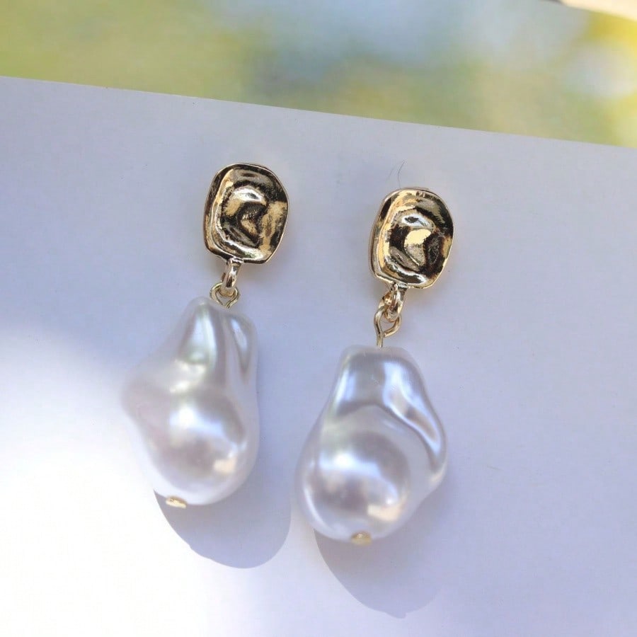 1 Pair Of Women's Pendant Baroque Pearl Earrings - Vintage Gold Rose Gold Plated Bohemian Irregular Rectangle Natural Freshwater Earrings - Bohemian Water Drop Jewelry Gift Pearl