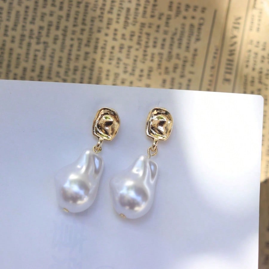 1 Pair Of Women's Pendant Baroque Pearl Earrings - Vintage Gold Rose Gold Plated Bohemian Irregular Rectangle Natural Freshwater Earrings - Bohemian Water Drop Jewelry Gift Pearl