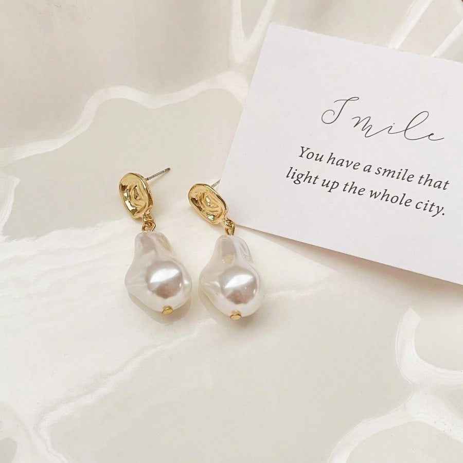 1 Pair Of Women's Pendant Baroque Pearl Earrings - Vintage Gold Rose Gold Plated Bohemian Irregular Rectangle Natural Freshwater Earrings - Bohemian Water Drop Jewelry Gift Pearl