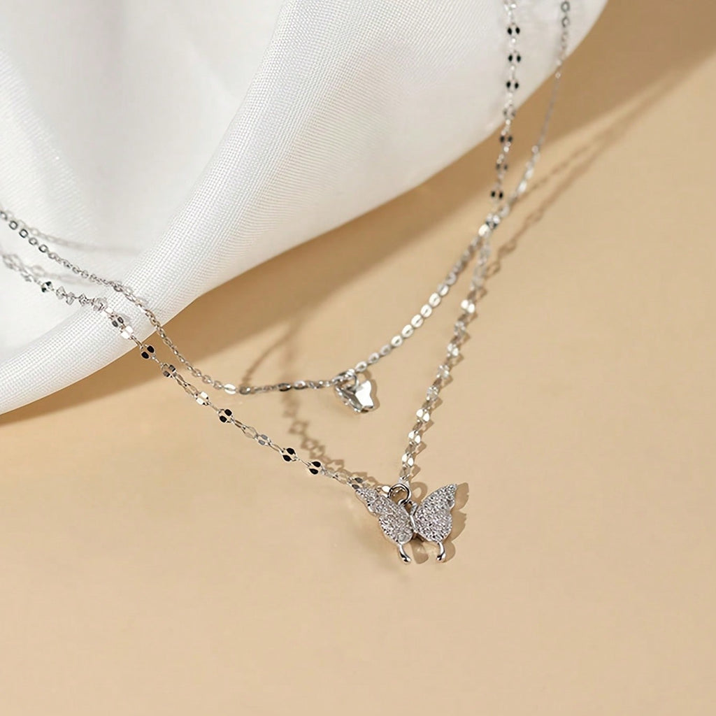1 Double Necklace With Butterfly Pendant | Sparkling Embellishment, Exquisite Chain Jewelry, Suitable For Daily And Party Wear, Retro Minimalist Style, Versatile Accessories, Exquisite Beaded Women's Model