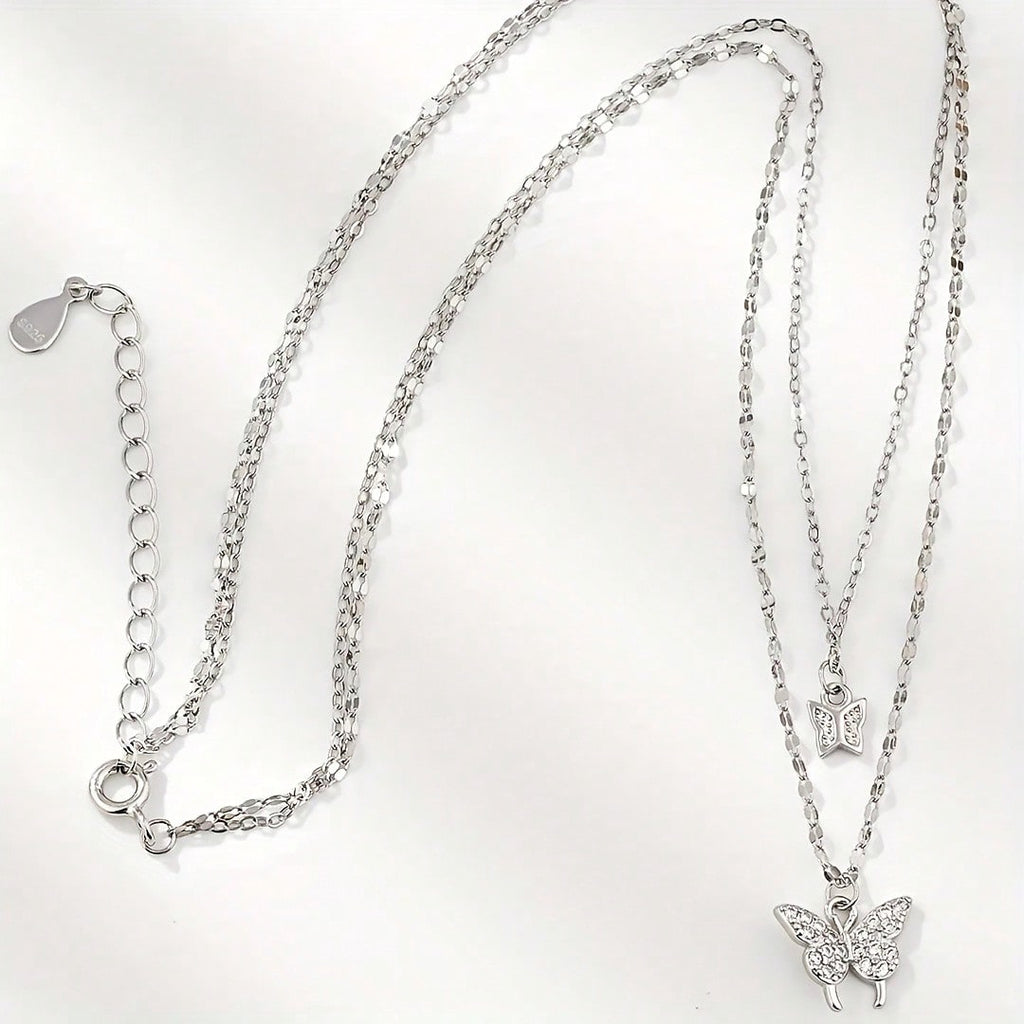 1 Double Necklace With Butterfly Pendant | Sparkling Embellishment, Exquisite Chain Jewelry, Suitable For Daily And Party Wear, Retro Minimalist Style, Versatile Accessories, Exquisite Beaded Women's Model