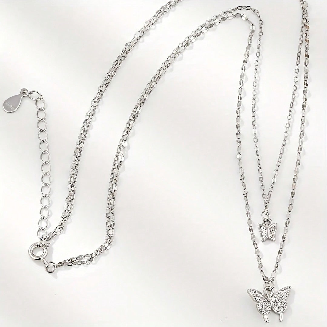 1 Double Necklace With Butterfly Pendant | Sparkling Embellishment, Exquisite Chain Jewelry, Suitable For Daily And Party Wear, Retro Minimalist Style, Versatile Accessories, Exquisite Beaded Women's Model