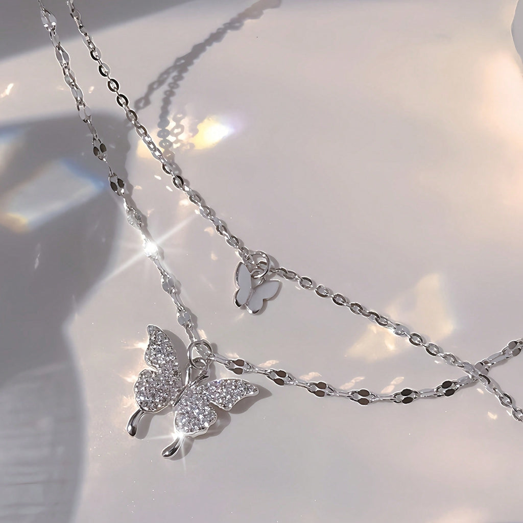 1 Double Necklace With Butterfly Pendant | Sparkling Embellishment, Exquisite Chain Jewelry, Suitable For Daily And Party Wear, Retro Minimalist Style, Versatile Accessories, Exquisite Beaded Women's Model
