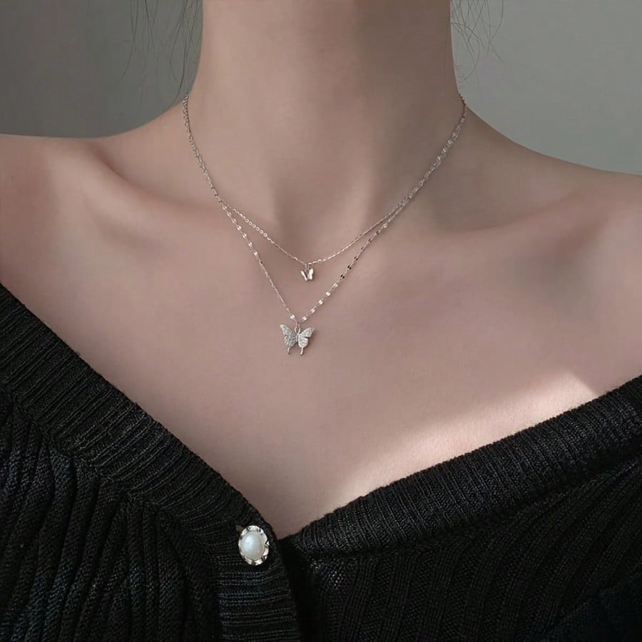 1 Double Necklace With Butterfly Pendant | Sparkling Embellishment, Exquisite Chain Jewelry, Suitable For Daily And Party Wear, Retro Minimalist Style, Versatile Accessories, Exquisite Beaded Women's Model