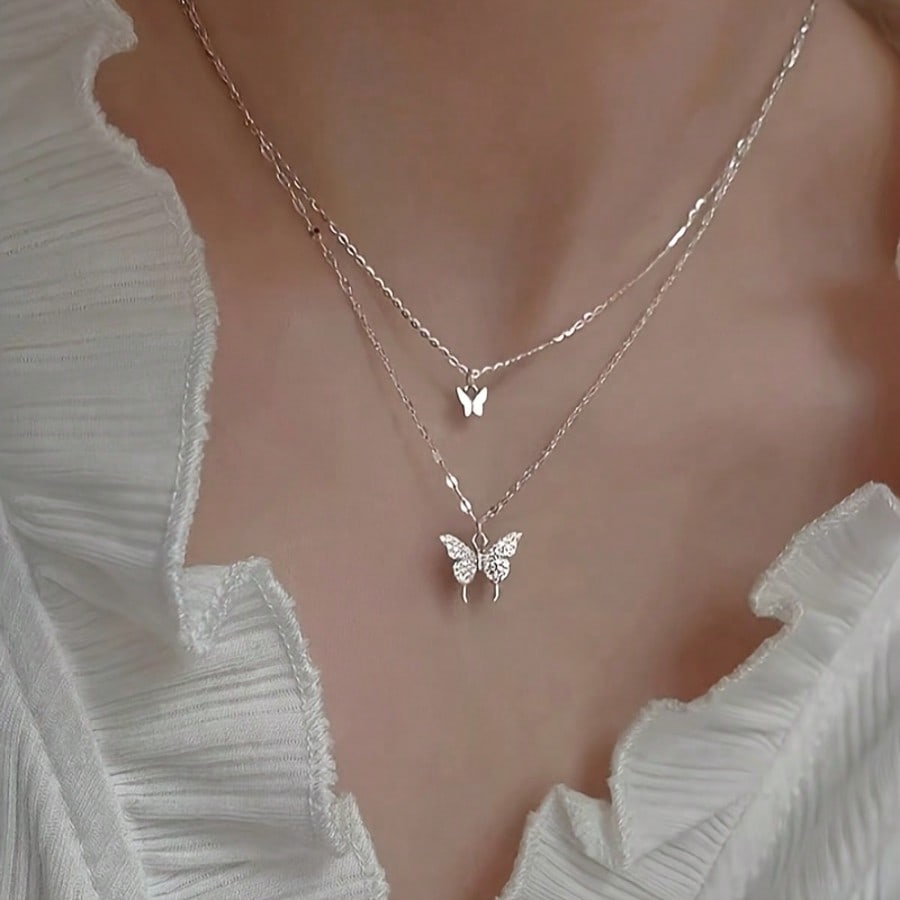1 Double Necklace With Butterfly Pendant | Sparkling Embellishment, Exquisite Chain Jewelry, Suitable For Daily And Party Wear, Retro Minimalist Style, Versatile Accessories, Exquisite Beaded Women's Model