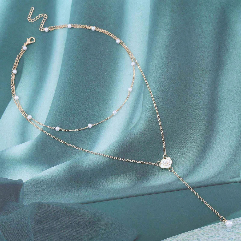 1 Piece Of Elegant Pearl Necklace Gold-Plated Double-Layer Imitation Pearl Necklace With Camellia Pendant | Minimalist And Elegant Clavicle Necklace, Suitable For Women To Wear, A Versatile Daily Jewelry Gift