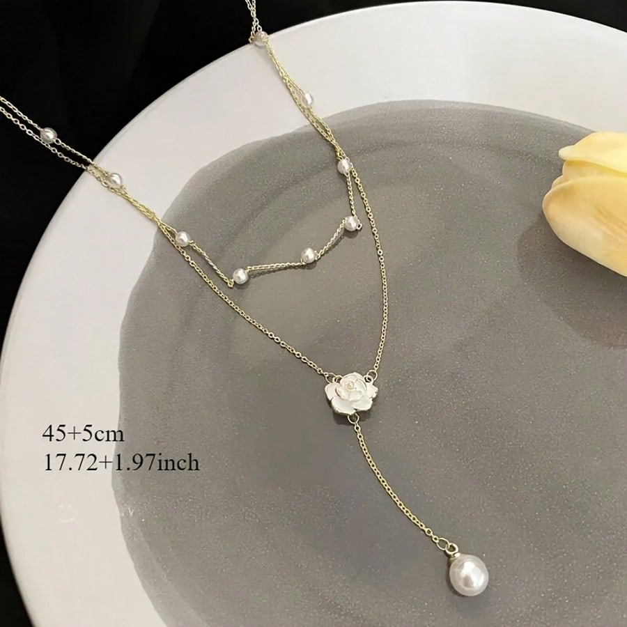 1 Piece Of Elegant Pearl Necklace Gold-Plated Double-Layer Imitation Pearl Necklace With Camellia Pendant | Minimalist And Elegant Clavicle Necklace, Suitable For Women To Wear, A Versatile Daily Jewelry Gift