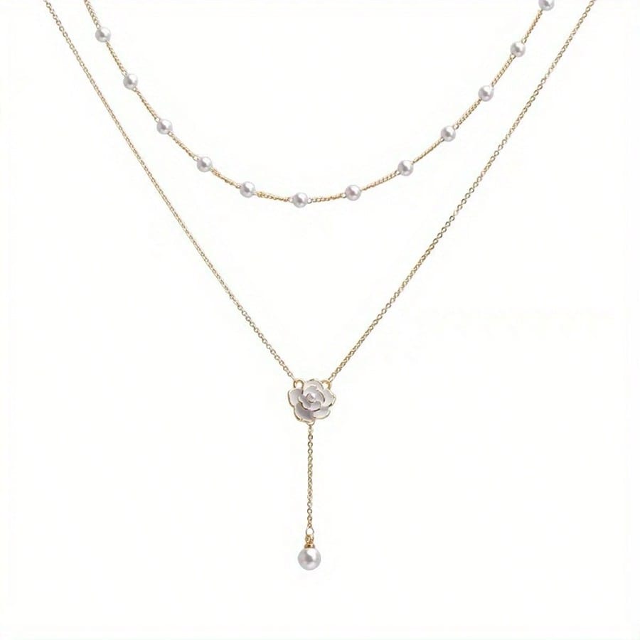 1 Piece Of Elegant Pearl Necklace Gold-Plated Double-Layer Imitation Pearl Necklace With Camellia Pendant | Minimalist And Elegant Clavicle Necklace, Suitable For Women To Wear, A Versatile Daily Jewelry Gift