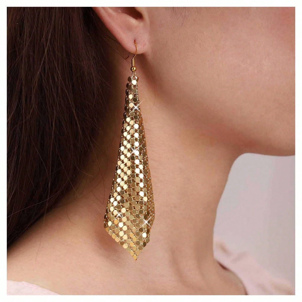 1 Pair Of Bohemian Metal Mesh Dangle Earrings Punk Gold Mesh Tassel Earrings Long Sequin Tassel Hook Earrings Lightweight Metal Mesh Earrings For Women And Girls Gift