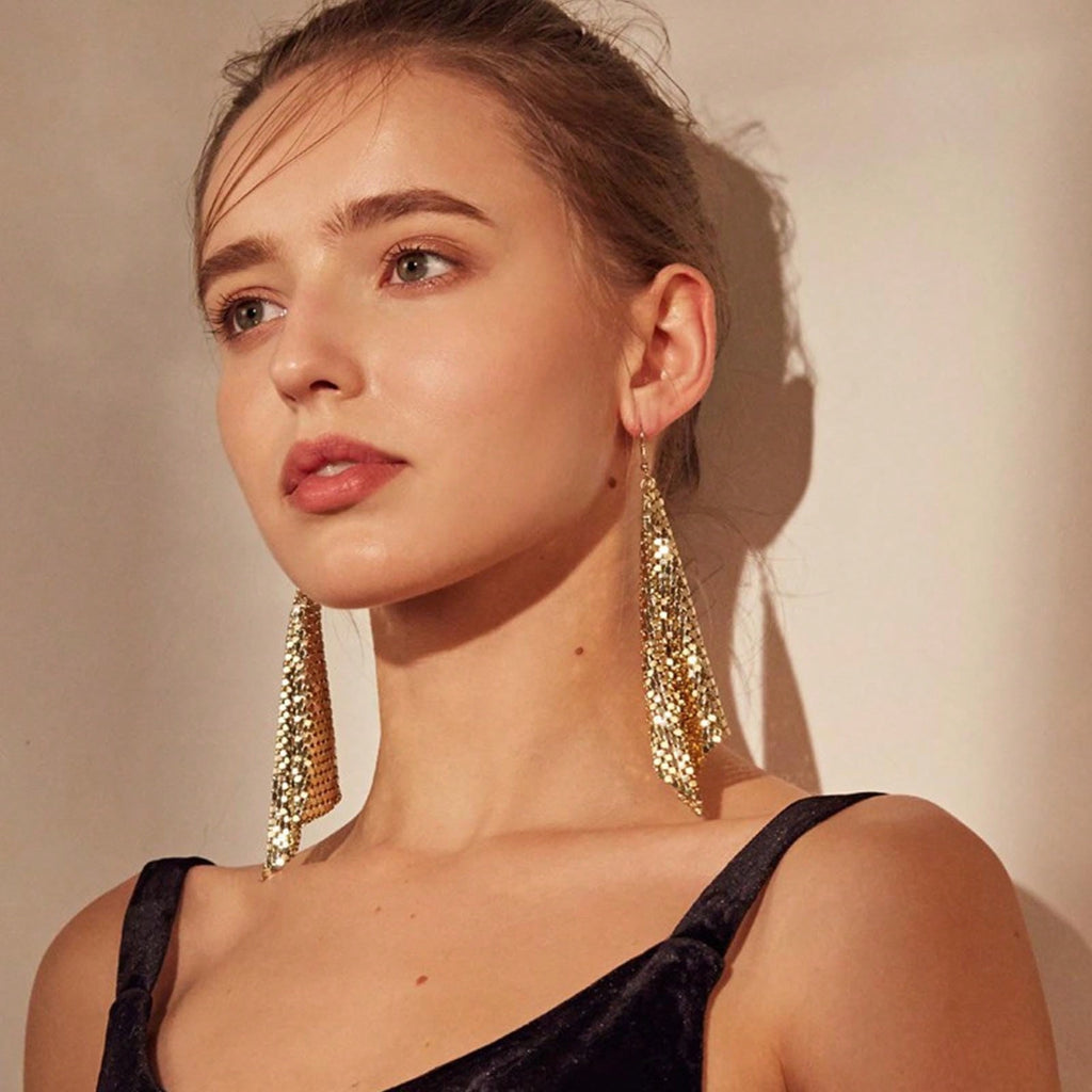 1 Pair Of Bohemian Metal Mesh Dangle Earrings Punk Gold Mesh Tassel Earrings Long Sequin Tassel Hook Earrings Lightweight Metal Mesh Earrings For Women And Girls Gift