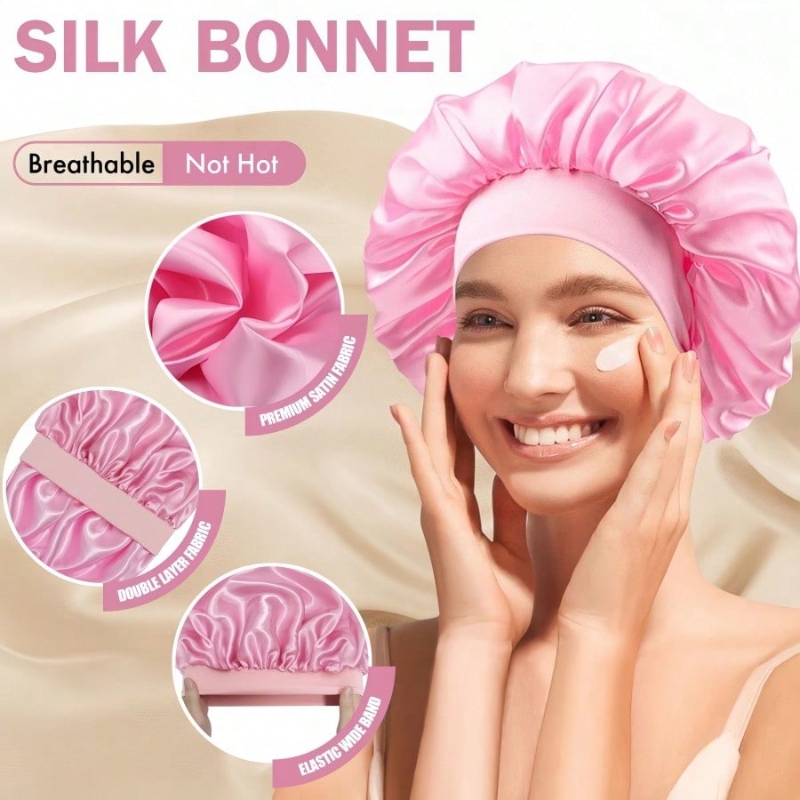 1pc Double Layer Satin Bonnet With Tie Silk Lined Sleep Cap Hair Cover For Women's Night Sleep CapCurly Natural Hair