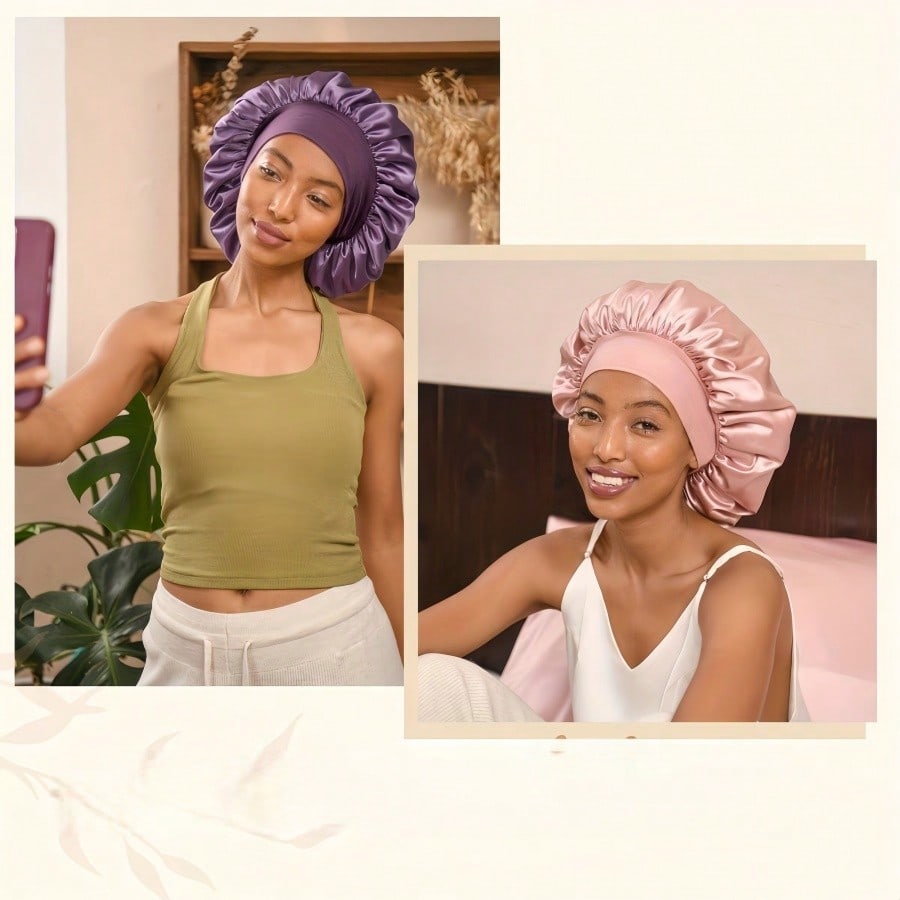 1pc Double Layer Satin Bonnet With Tie Silk Lined Sleep Cap Hair Cover For Women's Night Sleep CapCurly Natural Hair