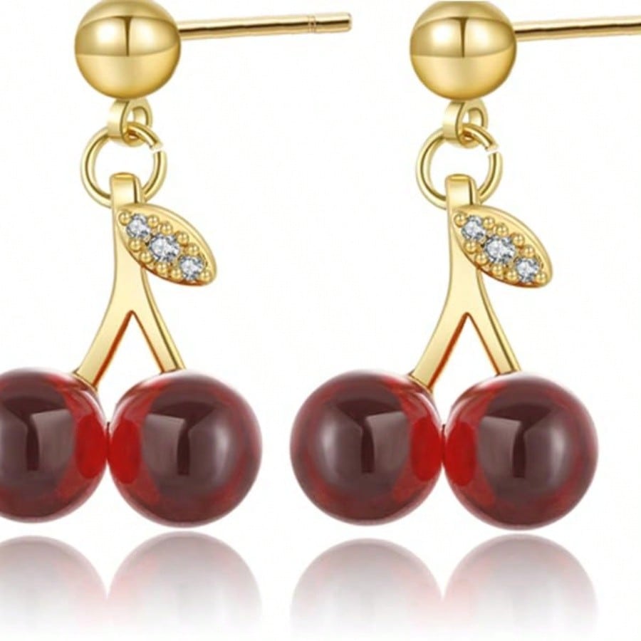 Dainty Gold Tone Double Cherry Drop Earrings: Adorable And Playful Earrings Featuring Two Realistic Red Cherry Charms With Subtle Green Leaf Accents And Sparkling Crystal Details, Crafted With A High-Quality Gold Tone Finish For A Touch Of Elegance, Light