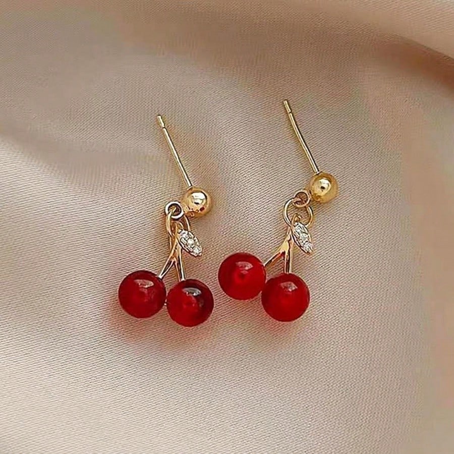Dainty Gold Tone Double Cherry Drop Earrings: Adorable And Playful Earrings Featuring Two Realistic Red Cherry Charms With Subtle Green Leaf Accents And Sparkling Crystal Details, Crafted With A High-Quality Gold Tone Finish For A Touch Of Elegance, Light