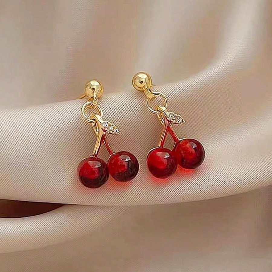 Dainty Gold Tone Double Cherry Drop Earrings: Adorable And Playful Earrings Featuring Two Realistic Red Cherry Charms With Subtle Green Leaf Accents And Sparkling Crystal Details, Crafted With A High-Quality Gold Tone Finish For A Touch Of Elegance, Light