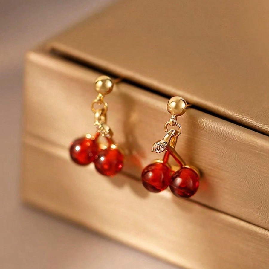 Dainty Gold Tone Double Cherry Drop Earrings: Adorable And Playful Earrings Featuring Two Realistic Red Cherry Charms With Subtle Green Leaf Accents And Sparkling Crystal Details, Crafted With A High-Quality Gold Tone Finish For A Touch Of Elegance, Light