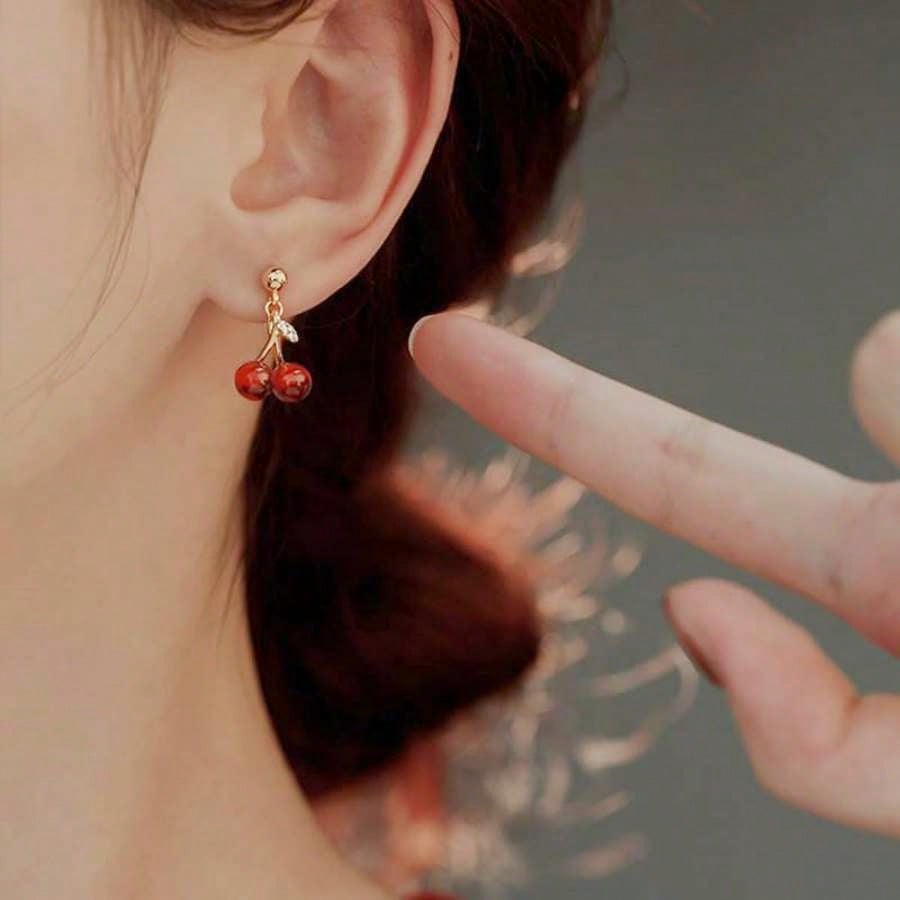 Dainty Gold Tone Double Cherry Drop Earrings: Adorable And Playful Earrings Featuring Two Realistic Red Cherry Charms With Subtle Green Leaf Accents And Sparkling Crystal Details, Crafted With A High-Quality Gold Tone Finish For A Touch Of Elegance, Light